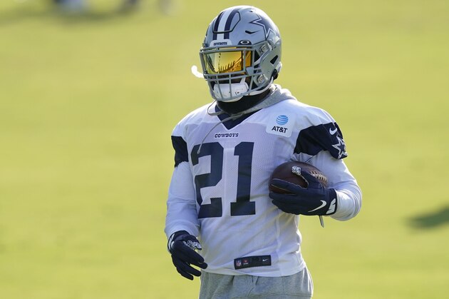 Dallas Cowboys running back Ezekiel Elliott (21) carries the ball while practicing during an NFL football training camp in Frisco, Texas, Friday, Aug. 14, 2020. (AP Photo/LM Otero)
