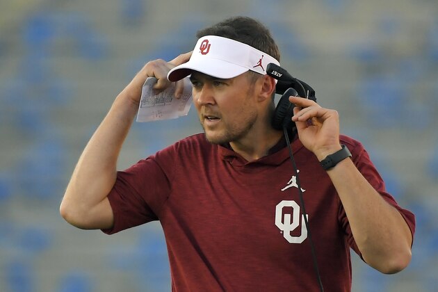 Oklahoma coach Lincoln Riley stands on the sideline during the first half of the team's NCAA college football game against UCLA Saturday, Sept. 14, 2019, in Pasadena, Calif. (AP Photo/Mark J. Terrill)