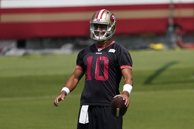 San Francisco 49ers quarterback Jimmy Garoppolo (10) smiles during NFL football practice at Levi's Stadium in Santa Clara, Calif., Wednesday, Sept. 2, 2020. (AP Photo/Jeff Chiu, Pool)