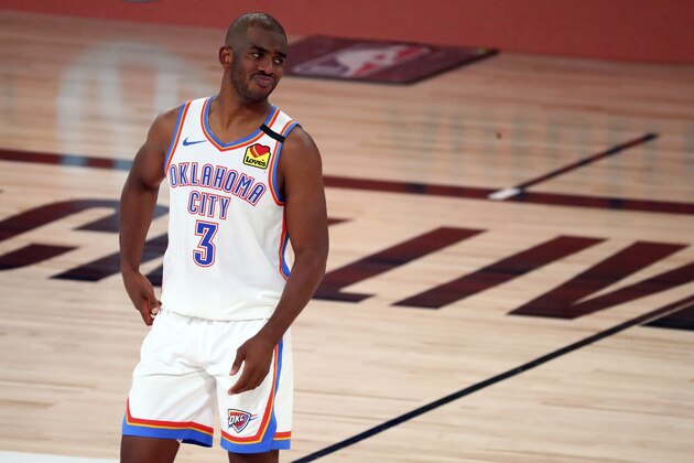 Oklahoma City Thunder guard Chris Paul (3) reacts during the second half of Game 4 of an NBA basketball first-round playoff series against the Houston Rockets, Monday, Aug. 24, 2020, in Lake Buena Vista, Fla. (Kim Klement/Pool Photo via AP)