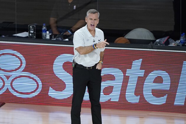 Oklahoma City Thunder head coach Billy Donovan yells at his players during the first half of an NBA basketball first round playoff game against the Houston Rockets Saturday, Aug. 29, 2020, in Lake Buena Vista, Fla. (AP Photo/Ashley Landis)