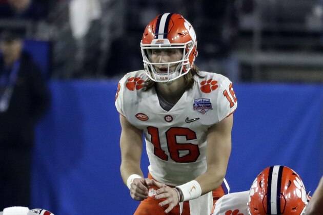 Clemson quarterback Trevor Lawrence (16) during the first half of the Fiesta Bowl NCAA college football game against Ohio State, Saturday, Dec. 28, 2019, in Glendale, Ariz. (AP Photo/Rick Scuteri).