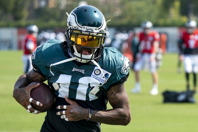 Philadelphia Eagles wide receiver DeSean Jackson in action during an NFL football practice, Thursday, Aug. 27, 2020, in Philadelphia. (AP Photo/Chris Szagola, Pool)