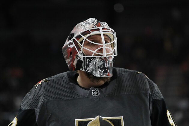 Vegas Golden Knights goaltender Robin Lehner (90) warms up before an NHL hockey game against the Edmonton Oilers, Wednesday, Feb. 26, 2020, in Las Vegas. (AP Photo/John Locher)