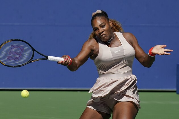 Serena Williams, of the United States, returns a shot to Maria Sakkari, of Greece, during the quarterfinals of the US Open tennis championships, Monday, Sept. 7, 2020, in New York. (AP Photo/Seth Wenig)