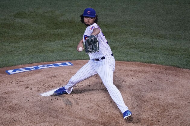 Chicago Cubs starting pitcher Yu Darvish, of Japan, throws the ball against the St. Louis Cardinals during the first inning of a baseball game in Chicago, Friday, Sept. 4, 2020. (AP Photo/Nam Y. Huh)