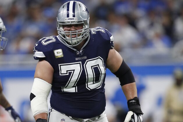 Dallas Cowboys offensive guard Zack Martin (70) looks over the defense of the Detroit Lions during an NFL football game in Detroit, Sunday, Nov. 17, 2019. (Jeff Haynes/AP Images for Panini) Dallas Cowboys offensive guard Zack Martin (70) looks over the defense of the Detroit Lions during an NFL football game in Detroit, Sunday, Nov. 17, 2019. (Jeff Haynes/AP Images for Panini)