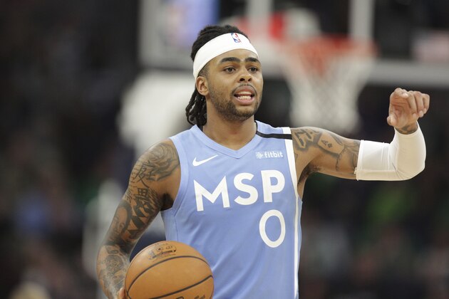 Minnesota Timberwolves guard D'Angelo Russell plays against the Boston Celtics during an NBA basketball game Friday, Feb. 21, 2020, in Minneapolis. (AP Photo/Andy Clayton-King) Minnesota Timberwolves guard D'Angelo Russell plays against the Boston Celtics during an NBA basketball game Friday, Feb. 21, 2020, in Minneapolis. (AP Photo/Andy Clayton-King)