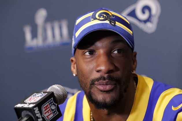 Los Angeles Rams cornerback Aqib Talib speaks during a news conference ahead of the NFL Super Bowl 53 football game against the New England Patriots Wednesday, Jan. 30, 2019, in Atlanta. (AP Photo/John Bazemore)