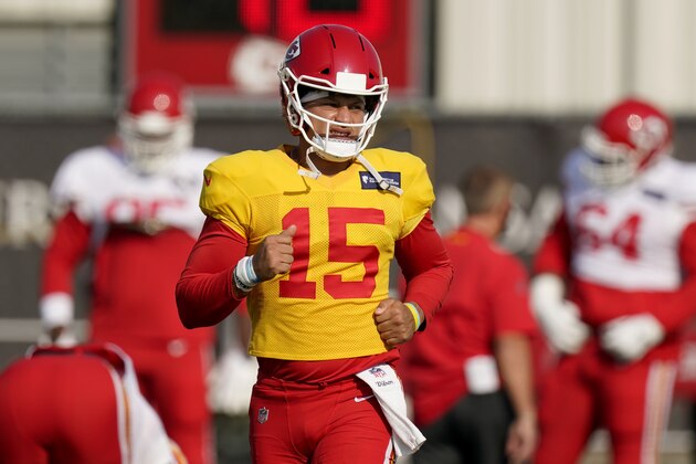 Kansas City Chiefs quarterback Patrick Mahomes runs during an NFL football training camp practice Monday, Aug. 24, 2020, in Kansas City, Mo. (AP Photo/Charlie Riedel) Kansas City Chiefs quarterback Patrick Mahomes runs during an NFL football training camp practice Monday, Aug. 24, 2020, in Kansas City, Mo. (AP Photo/Charlie Riedel)