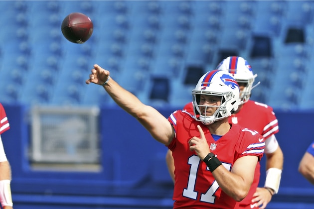Buffalo Bills quarterback Josh Allen throws a pass during pregame warmups on the ninth day of NFL football training camp at Bills Stadium in Orchard Park, N.Y., Thursday, Aug. 27, 2020. (James P. McCoy/Buffalo News via AP, Pool) Buffalo Bills quarterback Josh Allen throws a pass during pregame warmups on the ninth day of NFL football training camp at Bills Stadium in Orchard Park, N.Y., Thursday, Aug. 27, 2020. (James P. McCoy/Buffalo News via AP, Pool)