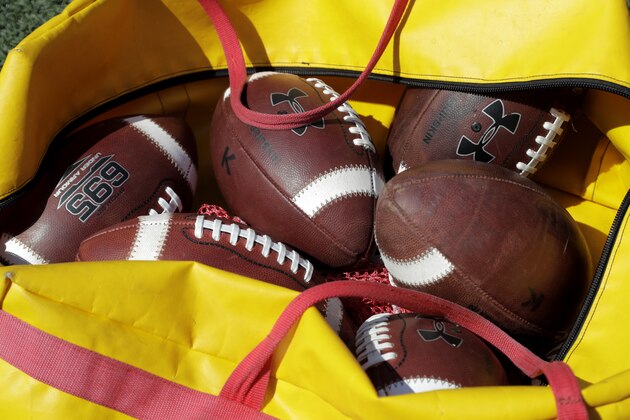 Kicking footballs are seen in a bag during the first half of an NCAA college football game between Maryland and Howard, Saturday, Aug. 31, 2019, in College Park, Md. (AP Photo/Julio Cortez)