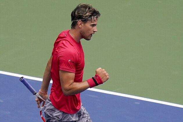 Dominic Thiem, of Austria, reacts during a match against Felix Auger-Aliassime, of Canada, during the fourth round of the US Open tennis championships, Monday, Sept. 7, 2020, in New York. (AP Photo/Seth Wenig)