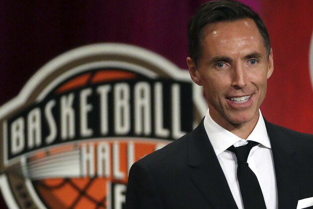 FILE - In this Sept. 7, 2018, file photo, Steve Nash speaks during induction ceremonies at the Basketball Hall of Fame, in Springfield, Mass. Nash is about to take on an expanded role in his second year with Turner Sports.  The network announced on Tuesday, Aug. 6, 2019, that Nash is returning to B/R Football’s UEFA Champions League broadcasts on TNT and B/R Live. He will also be a contributor to TNT’s NBA coverage when the upcoming season begins in October. (AP Photo/Elise Amendola, File)