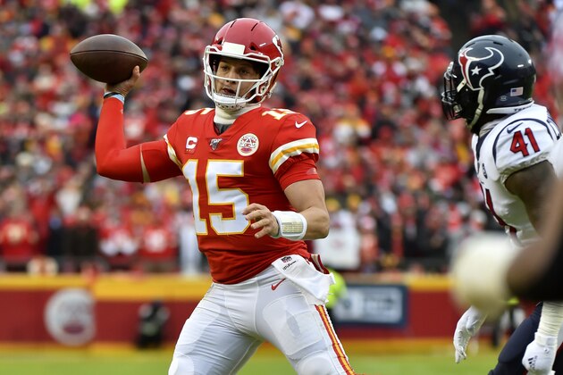 Kansas City Chiefs quarterback Patrick Mahomes (15) throws during the first half of an NFL divisional playoff football game against the Houston Texans, in Kansas City, Mo., Sunday, Jan. 12, 2020. (AP Photo/Ed Zurga)
