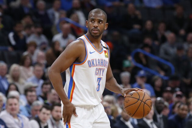 Oklahoma City Thunder guard Chris Paul (3) during an NBA basketball game against the Sacramento Kings Thursday, Feb. 27, 2020, in Oklahoma City. (AP Photo/Sue Ogrocki)