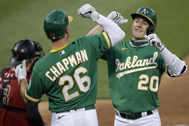 Oakland Athletics' Mark Canha, right, celebrates with Matt Chapman (26) after hitting a two run homerun off Arizona Diamondbacks pitcher Merrill Kelly in the third inning of a baseball game Wednesday, Aug. 19, 2020, in Oakland, Calif. (AP Photo/Ben Margot)