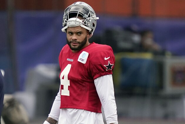 Dallas Cowboys quarterback Dak Prescott (4) during an NFL training camp football practice in Frisco, Texas, Thursday, Sept. 3, 2020. (AP Photo/LM Otero)
