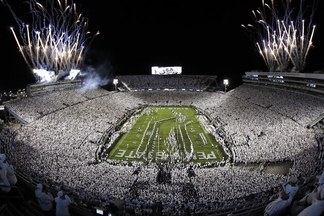 Fireworks go off over Beaver Stadium as the Penn State football teams takes the field before an NCAA college football game against Michigan in State College, Pa., Saturday, Oct. 19, 2019. (AP Photo/Gene J. Puskar)