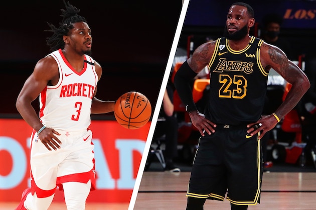 Los Angeles Lakers' LeBron James (23) reacts after bing called for a foul during the first half of an NBA conference semifinal playoff basketball game against the Houston Rockets Tuesday, Sept. 8, 2020, in Lake Buena Vista, Fla. (AP Photo/Mark J. Terrill)