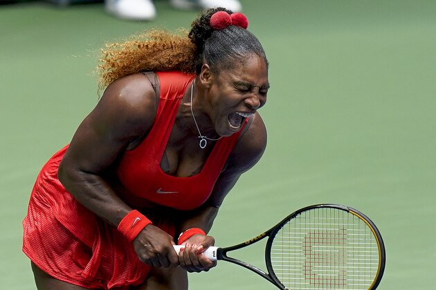 Serena Williams, of the United States, reacts during a match against Tsvetana Pironkova, of Bulgaria, during the quarterfinals of the US Open tennis championships, Wednesday, Sept. 9, 2020, in New York. (AP Photo/Seth Wenig)