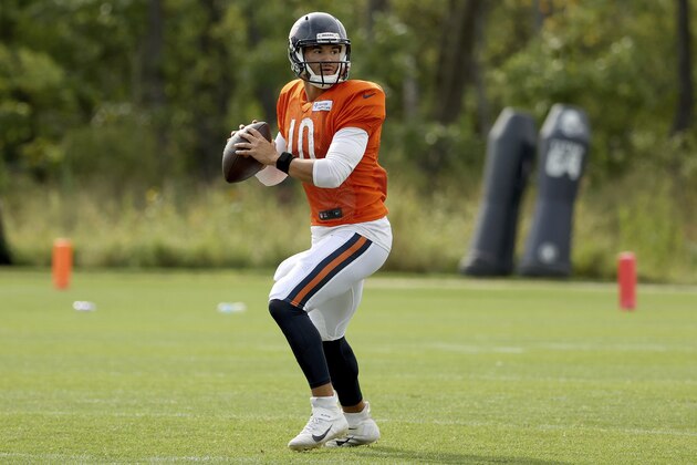 Chicago Bears quarterback Mitchell Trubisky (10) drops back to pass during NFL football training camp at Halas Hall on Tuesday, Sept. 1, 2020, in Lake Forest, Ill. (Dylan Buell/Pool photo via AP)
