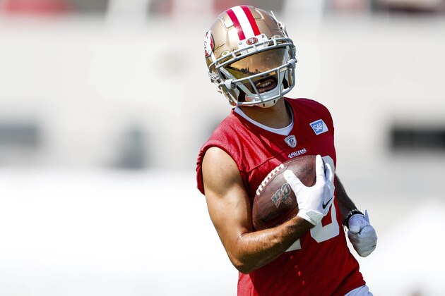San Francisco 49ers' Dante Pettis (18) runs with the ball after a catch during practice at Levi's Stadium in Santa Clara, Calif., on Sunday, Aug. 16, 2020. (Randy Vazquez/ Bay Area News Group, Pool)