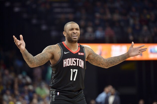 Houston Rockets forward PJ Tucker (17) reacts in the second half of an NBA basketball game against the Memphis Grizzlies Tuesday, Jan. 14, 2020, in Memphis, Tenn. (AP Photo/Brandon Dill)