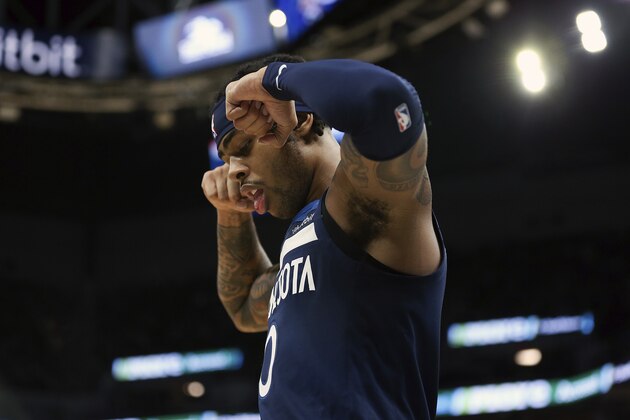Minnesota Timberwolves' D'Angelo Russell in the first half of an NBA basketball game against the New Orleans Pelicans, Sunday, March 8, 2020, in Minneapolis. The Pelicans won 120-107. (AP Photo/Stacy Bengs)