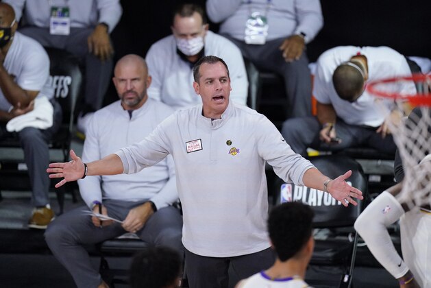 Los Angeles Lakers head coach Frank Vogel reacts to a call during the second half of an NBA conference semifinal playoff basketball game against the Houston Rockets Tuesday, Sept. 8, 2020, in Lake Buena Vista, Fla. (AP Photo/Mark J. Terrill)