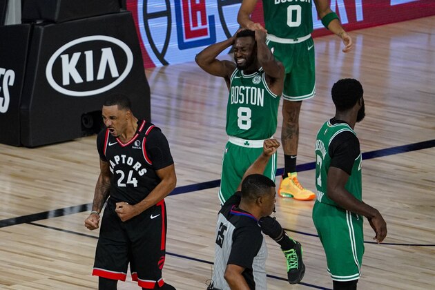 Toronto Raptors guard Norman Powell (24) celebrates after scoring and drawing a foul against the Boston Celtics during the second half of an NBA conference semifinal playoff basketball game Wednesday, Sept. 9, 2020, in Lake Buena Vista, Fla. (AP Photo/Mark J. Terrill) Toronto Raptors guard Norman Powell (24) celebrates after scoring and drawing a foul against the Boston Celtics during the second half of an NBA conference semifinal playoff basketball game Wednesday, Sept. 9, 2020, in Lake Buena Vista, Fla. (AP Photo/Mark J. Terrill)