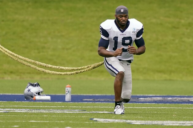 Dallas Cowboys wide receiver Amari Cooper (19) works a solo drill during an NFL training camp football practice in Frisco, Texas, Thursday, Sept. 3, 2020. (AP Photo/LM Otero)