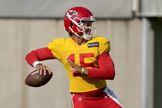 Kansas City Chiefs quarterback Patrick Mahomes throws a pass during NFL football training camp Friday, Aug. 21, 2020, in Kansas City, Mo. (AP Photo/Charlie Riedel)