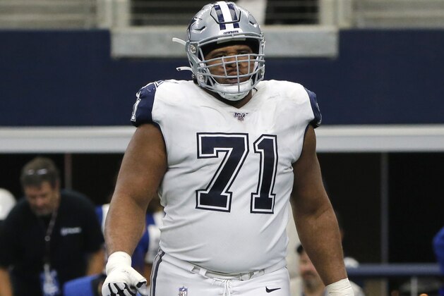 Dallas Cowboys offensive tackle La'el Collins (71) looks on against the Miami Dolphins second half of a NFL football game in Arlington, Texas, Sunday, Sept. 22, 2019. (AP Photo/Ron Jenkins)