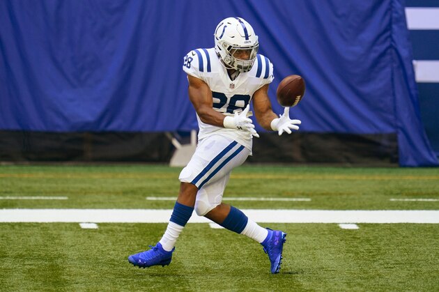 Indianapolis Colts running back Jonathan Taylor (28) makes a catch during practice at the NFL team's football training camp at Lucas Oil Stadium in Indianapolis, Monday, Aug. 24, 2020. (AP Photo/Michael Conroy) Indianapolis Colts running back Jonathan Taylor (28) makes a catch during practice at the NFL team's football training camp at Lucas Oil Stadium in Indianapolis, Monday, Aug. 24, 2020. (AP Photo/Michael Conroy)