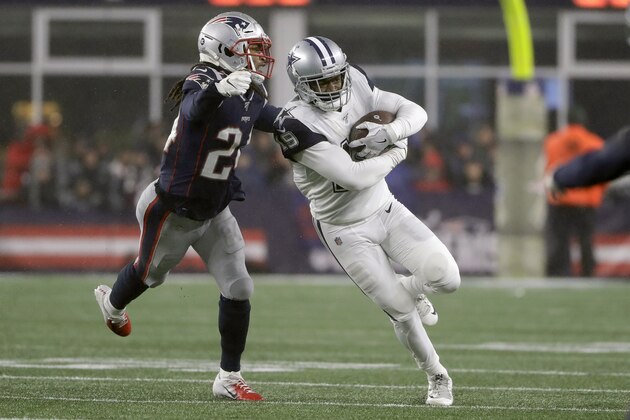 New England Patriots cornerback Stephon Gilmore, left, chases Dallas Cowboys wide receiver Amari Cooper in the second half of an NFL football game, Sunday, Nov. 24, 2019, in Foxborough, Mass. (AP Photo/Steven Senne)
