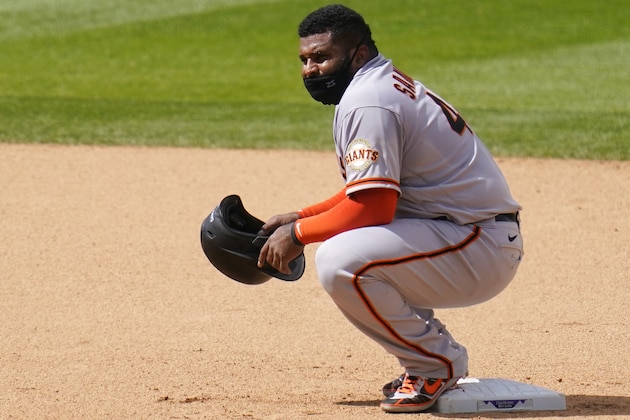 San Francisco Giants' Pablo Sandoval waits at second base against the Colorado Rockies during the seventh inning of a baseball game, Thursday, Aug. 6, 2020, in Denver. (AP Photo/Jack Dempsey)
