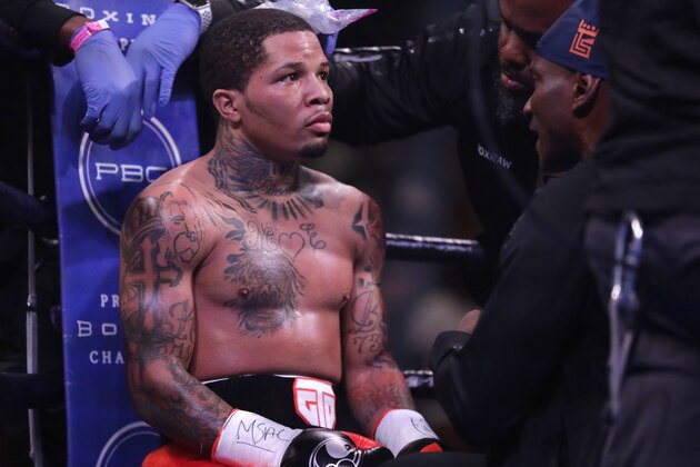 Gervonta Davis sits in his corner before the start of the second round of his super featherweight boxing championship bout against Ricardo Nunez, Saturday, July 27, 2019, in Baltimore. (AP Photo/Julio Cortez)