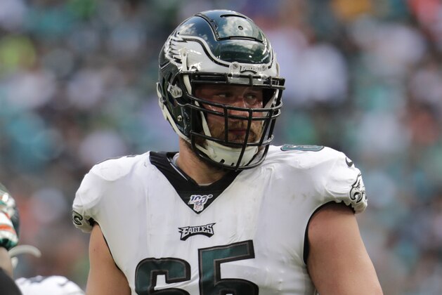Philadelphia Eagles offensive tackle Lane Johnson (65) waits for play to resume, during the first half at an NFL football game against the Miami Dolphins, Sunday, Dec. 1, 2019, in Miami Gardens, Fla. (AP Photo/Lynne Sladky)