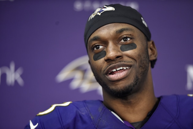 Baltimore Ravens quarterback Robert Griffin III speaks to reporters after an NFL football game against the Pittsburgh Steelers, Sunday, Dec. 29, 2019, in Baltimore. The Ravens won 28-10. (AP Photo/Gail Burton)