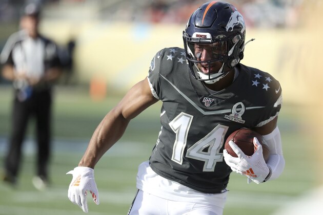 AFC receiver Courtland Sutton of the Denver Broncos runs after a catch during the NFL Pro Bowl football game, Sunday, January 26, 2020, in Orlando, Fla. (AP Photo/Gregory Payan)