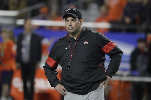 FILE - In this Saturday, Dec. 28, 2019 file photo, Ohio State head coach Ryan Day watches from the sidelines during the first half of the Fiesta Bowl NCAA college football game against Clemson, in Glendale, Ariz. Clemson is preseason No. 1 in The Associated Press Top 25, Monday, Aug. 24, 2020, a poll featuring nine Big Ten and Pac-12 teams that gives a glimpse at whatâ€™s already been taken from an uncertain college football fall by the pandemic. Ohio State was a close No. 2. (AP Photo/Rick Scuteri, File)