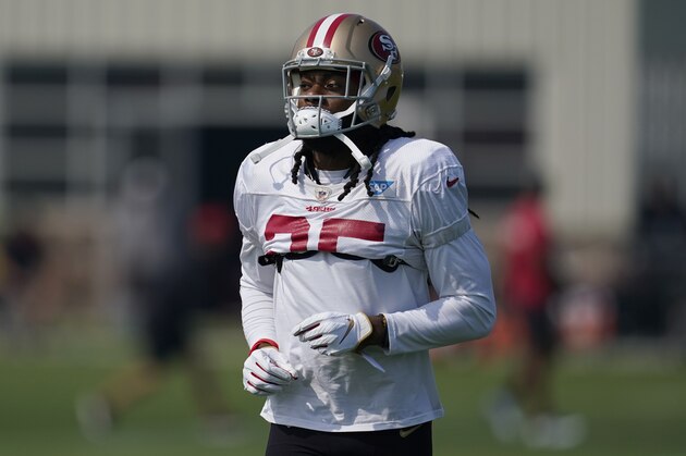 San Francisco 49ers defensive back Richard Sherman during NFL football practice in Santa Clara, Calif., Saturday, Aug. 22, 2020. (AP Photo/Jeff Chiu, Pool)