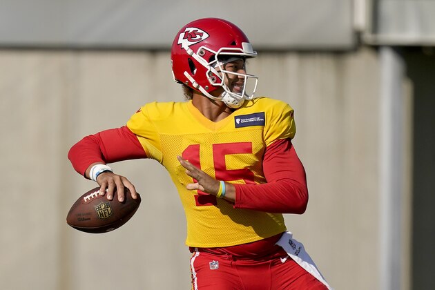 Kansas City Chiefs quarterback Patrick Mahomes throws a pass during NFL football training camp Friday, Aug. 21, 2020, in Kansas City, Mo. (AP Photo/Charlie Riedel)