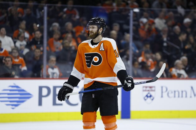 Philadelphia Flyers' Sean Couturier plays during an NHL hockey game against the Carolina Hurricanes, Thursday, March 5, 2020, in Philadelphia. (AP Photo/Matt Slocum)