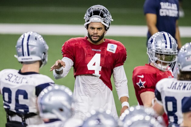 Dallas Cowboys quarterback Dak Prescott (4) gives instructions to his teammates during an NFL football training camp practice at The Star, Friday, Aug. 28, 2020, in Frisco, Texas. (AP Photo/Brandon Wade)