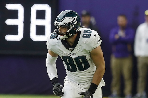 Philadelphia Eagles tight end Dallas Goedert gets set during the first half of an NFL football game against the Minnesota Vikings, Sunday, Oct. 13, 2019, in Minneapolis. (AP Photo/Jim Mone)