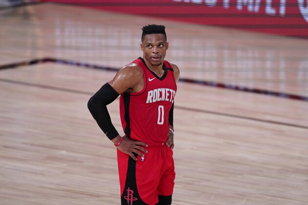Houston Rockets' Russell Westbrook (0) looks up during the second half of an NBA conference semifinal playoff basketball game against the Los Angeles Lakers Thursday, Sept. 10, 2020, in Lake Buena Vista, Fla. The Lakers won 110-100. (AP Photo/Mark J. Terrill)