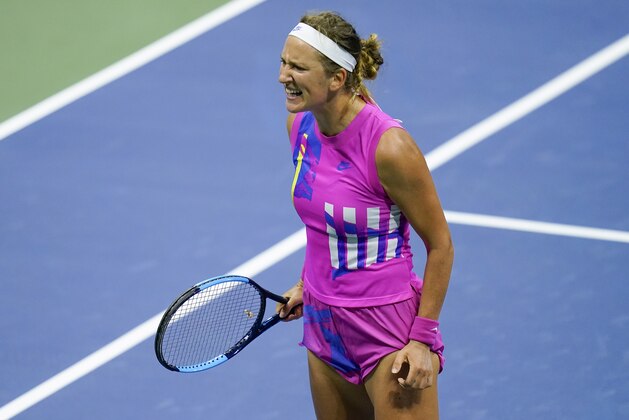 Victoria Azarenka, of Belarus, reacts during a semifinal match against Serena Williams, of the United States, during the US Open tennis championships, Thursday, Sept. 10, 2020, in New York. (AP Photo/Seth Wenig)