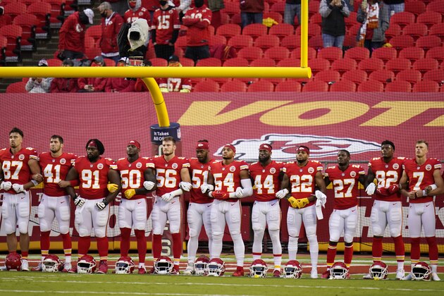 Kansas City Chiefs players stand for a presentation on social justice before an NFL football game against the Houston Texans Thursday, Sept. 10, 2020, in Kansas City, Mo. (AP Photo/Charlie Riedel)